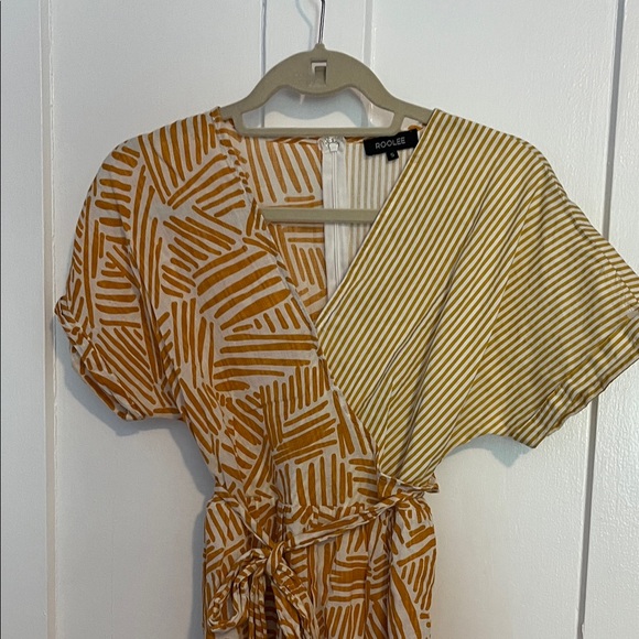 Roolee faux wrap Dress in golden Tan and Cream - Picture 3 of 13